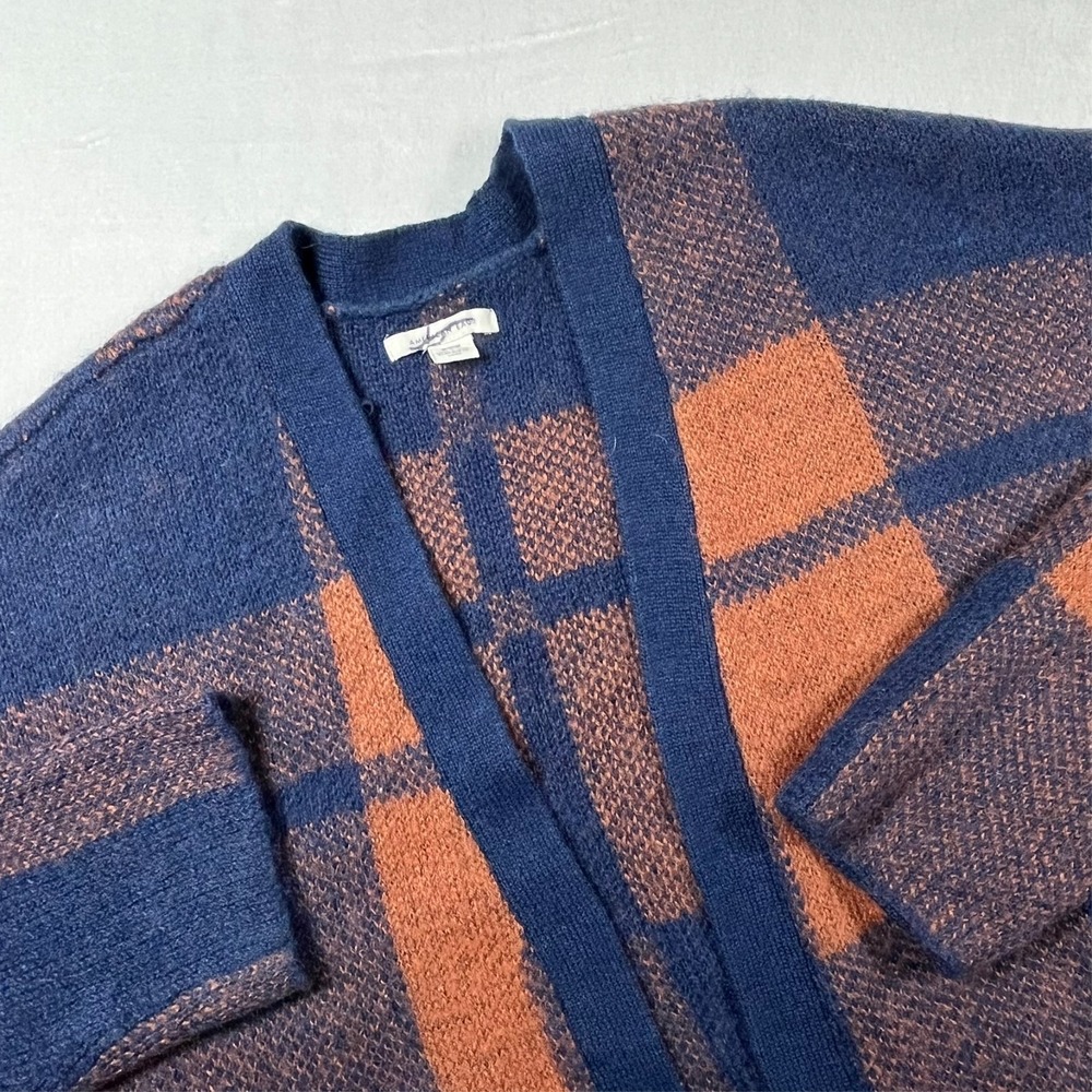 American Eagle Wool Blend Open Front Cardigan Womens M Orange Navy Plaid Pockets